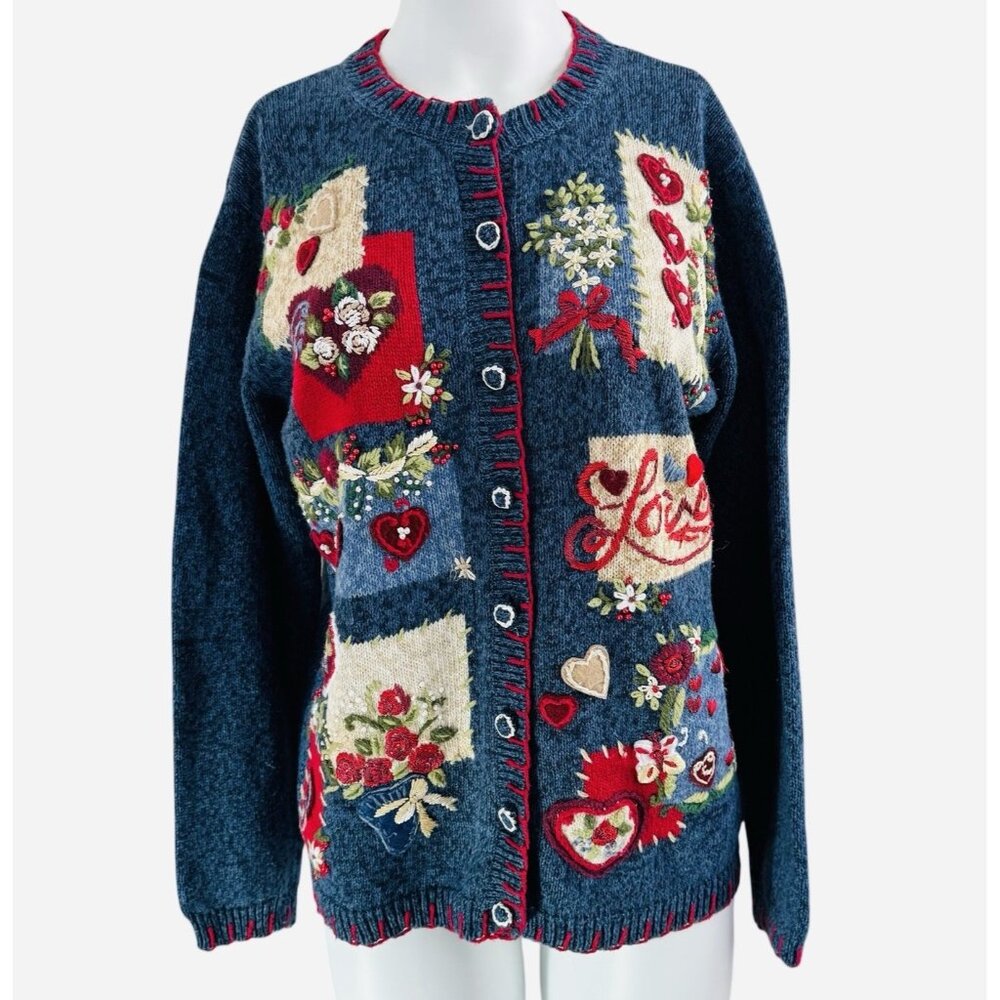 VTG Heirloom Collectibles Heart Valentine Sweater Patchwork Embroidered Size S